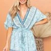 Nostalgia Sky Blue Multiprint Surplice Woven Mini Dress