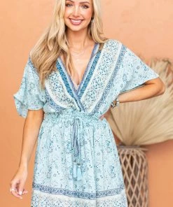 Nostalgia Sky Blue Multiprint Surplice Woven Mini Dress