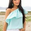 Glam Tops Sky Blue Ruffle Overlay One Shoulder Woven Top