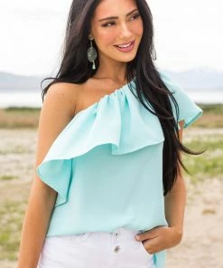 Glam Tops Sky Blue Ruffle Overlay One Shoulder Woven Top