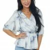 Allie Rose Tops Slate Acid Wash Surplice Elastic Ruffle Waist Top