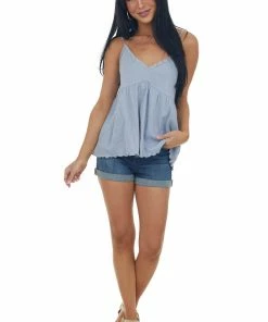 143 Story Slate Babydoll Lettuce Hem Crinkle Tank Top Tops