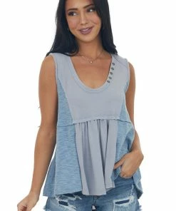 POL Clothing Slate Blue Scoop Neck Babydoll Knit Tank Top Tops