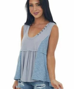 POL Clothing Slate Blue Scoop Neck Babydoll Knit Tank Top Tops