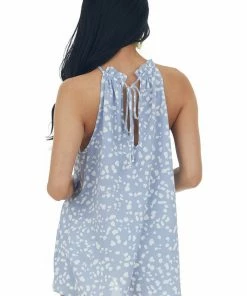 First Love Tops Slate Blue Spotted Halter Neck Woven Tank Top