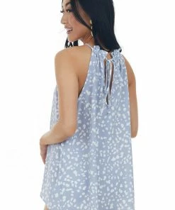 First Love Tops Slate Blue Spotted Halter Neck Woven Tank Top