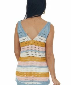 143 Story Tops Slate Blue Striped Knit Tank Top With Cutouts