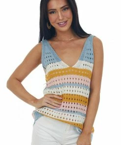 143 Story Tops Slate Blue Striped Knit Tank Top With Cutouts