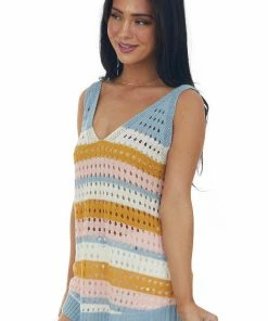 143 Story Tops Slate Blue Striped Knit Tank Top With Cutouts