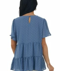 Vanilla Bay Tops Slate Blue Swiss Dot Tiered Short Sleeve Blouse