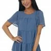Vanilla Bay Tops Slate Blue Swiss Dot Tiered Short Sleeve Blouse
