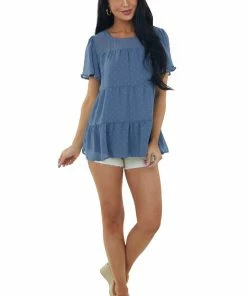 Vanilla Bay Tops Slate Blue Swiss Dot Tiered Short Sleeve Blouse