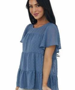 Vanilla Bay Tops Slate Blue Swiss Dot Tiered Short Sleeve Blouse
