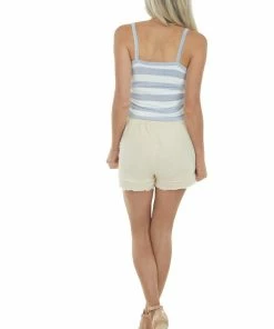 Entro Slate Blue And Pearl Striped Knit Tank Top With Ruching Tops