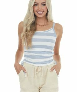 Entro Slate Blue And Pearl Striped Knit Tank Top With Ruching Tops