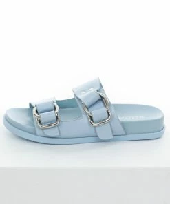 FORTUNE DYNAMIC Slate Blue Open Toe Sandals With Silver Buckles Shoes