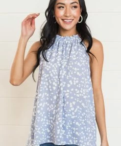 First Love Tops Slate Blue Spotted Halter Neck Woven Tank Top