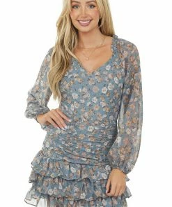 She + Sky Dresses Steel Blue Floral Bubble Sleeve Ruffle Dress