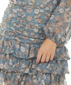 She + Sky Dresses Steel Blue Floral Bubble Sleeve Ruffle Dress 14 She + Sky Dresses Steel Blue Floral Bubble Sleeve Ruffle Dress