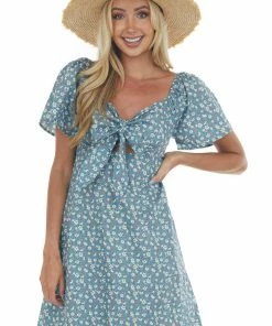 Umgee Dresses Steel Blue Floral Front Tie Cut Out Mini Dress