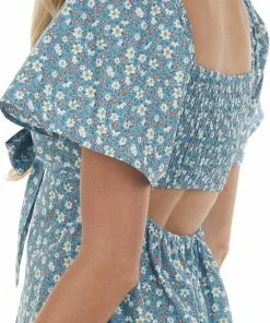 Umgee Dresses Steel Blue Floral Front Tie Cut Out Mini Dress