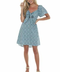 Umgee Dresses Steel Blue Floral Front Tie Cut Out Mini Dress