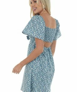 Umgee Dresses Steel Blue Floral Front Tie Cut Out Mini Dress