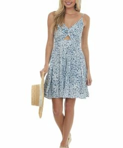 ANGIE Steel Blue Floral Print Sleeveless Short Dress