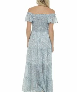 L Love Steel Blue Floral Smocked Ruffle Tiered Maxi Dress
