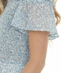 L Love Steel Blue Floral Smocked Ruffle Tiered Maxi Dress