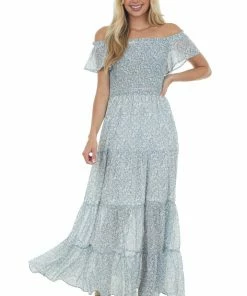 L Love Steel Blue Floral Smocked Ruffle Tiered Maxi Dress