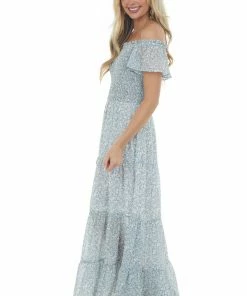 L Love Steel Blue Floral Smocked Ruffle Tiered Maxi Dress