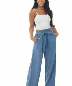 Ces Femme Steel Blue High Rise Paper Bag Waist Tie Pants