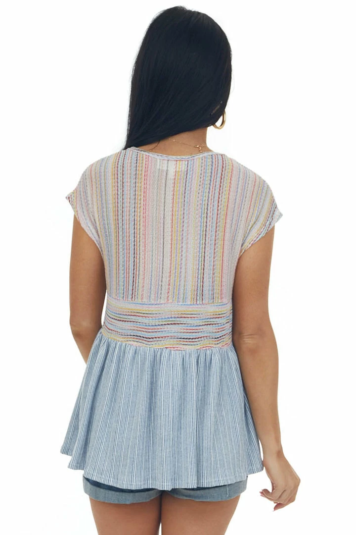 SugarFox Tops Steel Blue Multicolor Striped Babydoll Knit Top 9 SugarFox Tops Steel Blue Multicolor Striped Babydoll Knit Top
