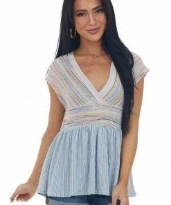 SugarFox Tops Steel Blue Multicolor Striped Babydoll Knit Top 12 SugarFox Tops Steel Blue Multicolor Striped Babydoll Knit Top