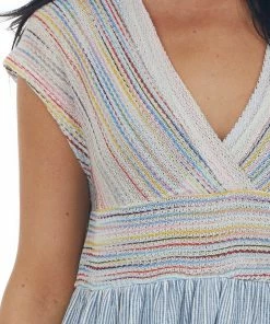 SugarFox Tops Steel Blue Multicolor Striped Babydoll Knit Top 17 SugarFox Tops Steel Blue Multicolor Striped Babydoll Knit Top