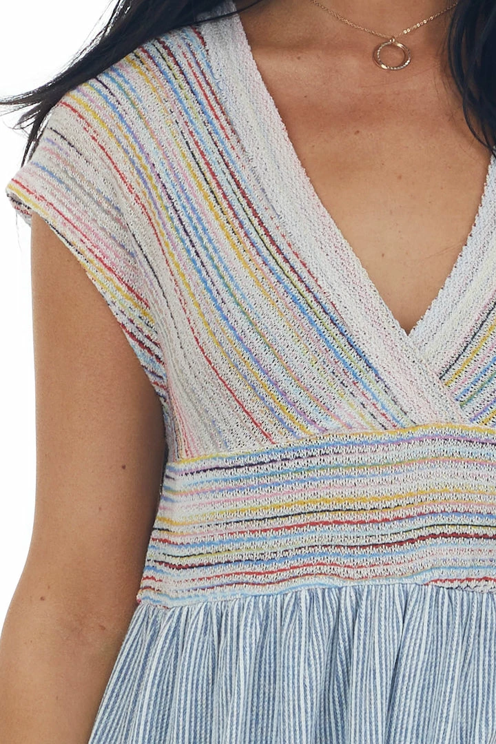 SugarFox Tops Steel Blue Multicolor Striped Babydoll Knit Top 10 SugarFox Tops Steel Blue Multicolor Striped Babydoll Knit Top