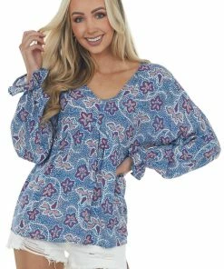 Andree Steel Blue Printed Puff Sleeve Babydoll Blouse Tops