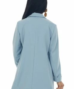 Trend Notes Outerwear Steel Blue Shoulder Pad Longline Open Blazer