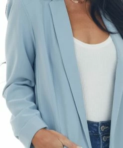 Trend Notes Outerwear Steel Blue Shoulder Pad Longline Open Blazer