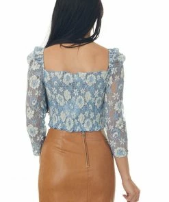 Sweet Lemon Steel Blue Smocked Floral Lace 3/4 Sleeve Crop Top Tops 12 Sweet Lemon Steel Blue Smocked Floral Lace 3/4 Sleeve Crop Top Tops