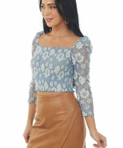 Sweet Lemon Steel Blue Smocked Floral Lace 3/4 Sleeve Crop Top Tops 11 Sweet Lemon Steel Blue Smocked Floral Lace 3/4 Sleeve Crop Top Tops
