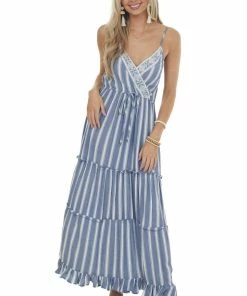 ANGIE Dresses Steel Blue Striped Tiered Surplice Maxi Dress