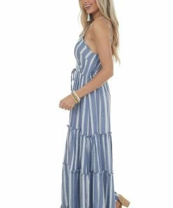ANGIE Dresses Steel Blue Striped Tiered Surplice Maxi Dress