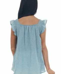 Ces Femme Steel Blue Textured Smocked Yoke Light Blouse Tops 12 Ces Femme Steel Blue Textured Smocked Yoke Light Blouse Tops