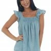 Ces Femme Steel Blue Textured Smocked Yoke Light Blouse Tops