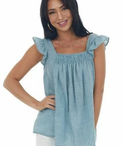 Ces Femme Steel Blue Textured Smocked Yoke Light Blouse Tops
