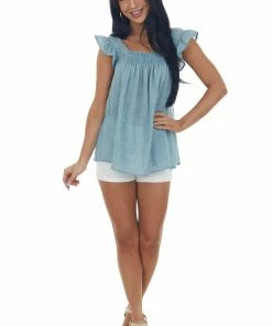 Ces Femme Steel Blue Textured Smocked Yoke Light Blouse Tops 10 Ces Femme Steel Blue Textured Smocked Yoke Light Blouse Tops