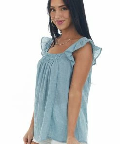 Ces Femme Steel Blue Textured Smocked Yoke Light Blouse Tops 11 Ces Femme Steel Blue Textured Smocked Yoke Light Blouse Tops