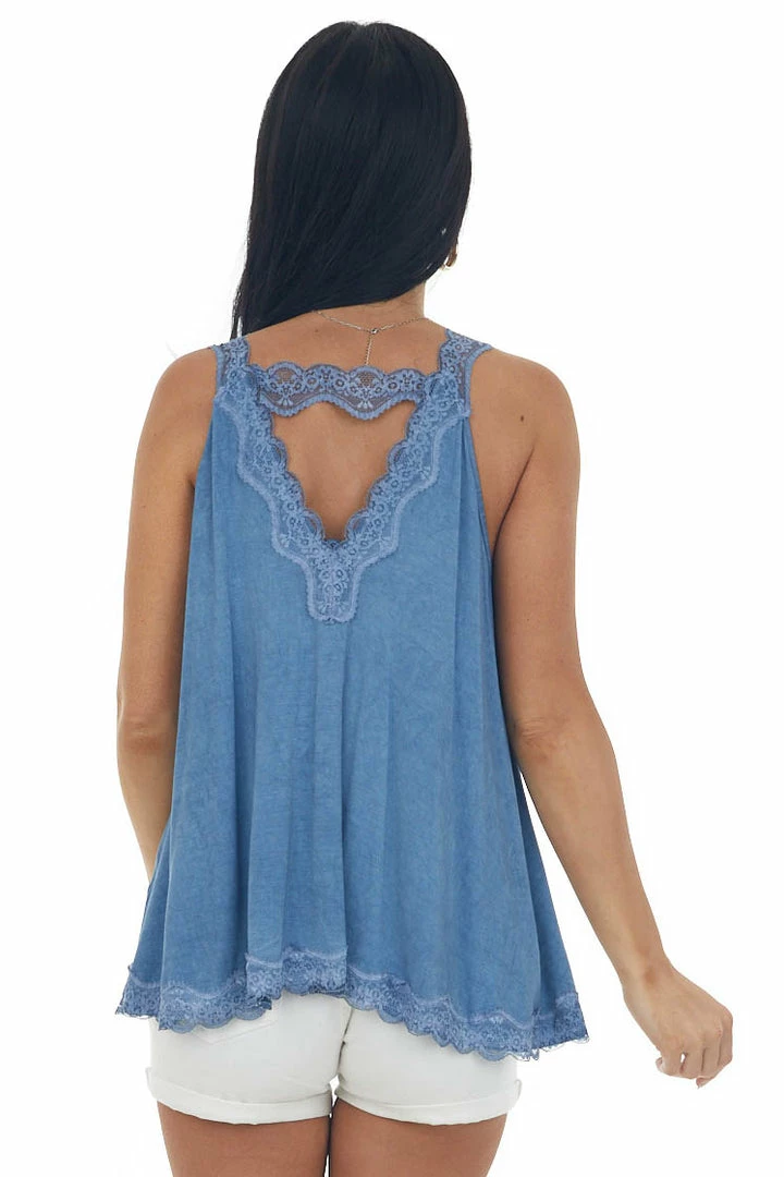 POL Clothing Steel Blue Washed Lace Trim Knit Cami Top Tops 7 POL Clothing Steel Blue Washed Lace Trim Knit Cami Top Tops
